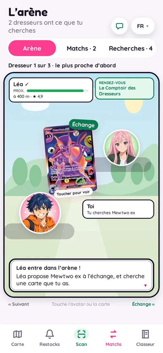 The arena: a trainer facing you with the card you’re looking for