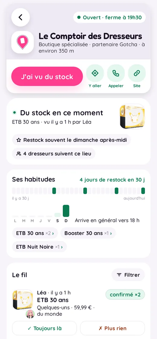 Store page: restock feed, confirmations, habits