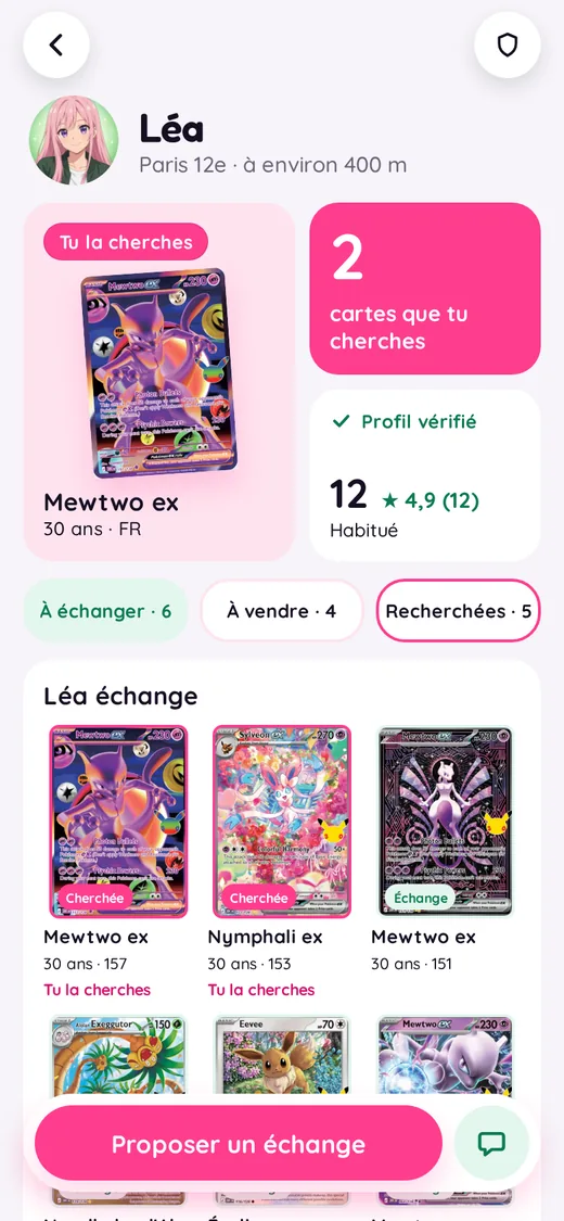 A trainer’s profile: avatar, reputation, cards for trade and wanted