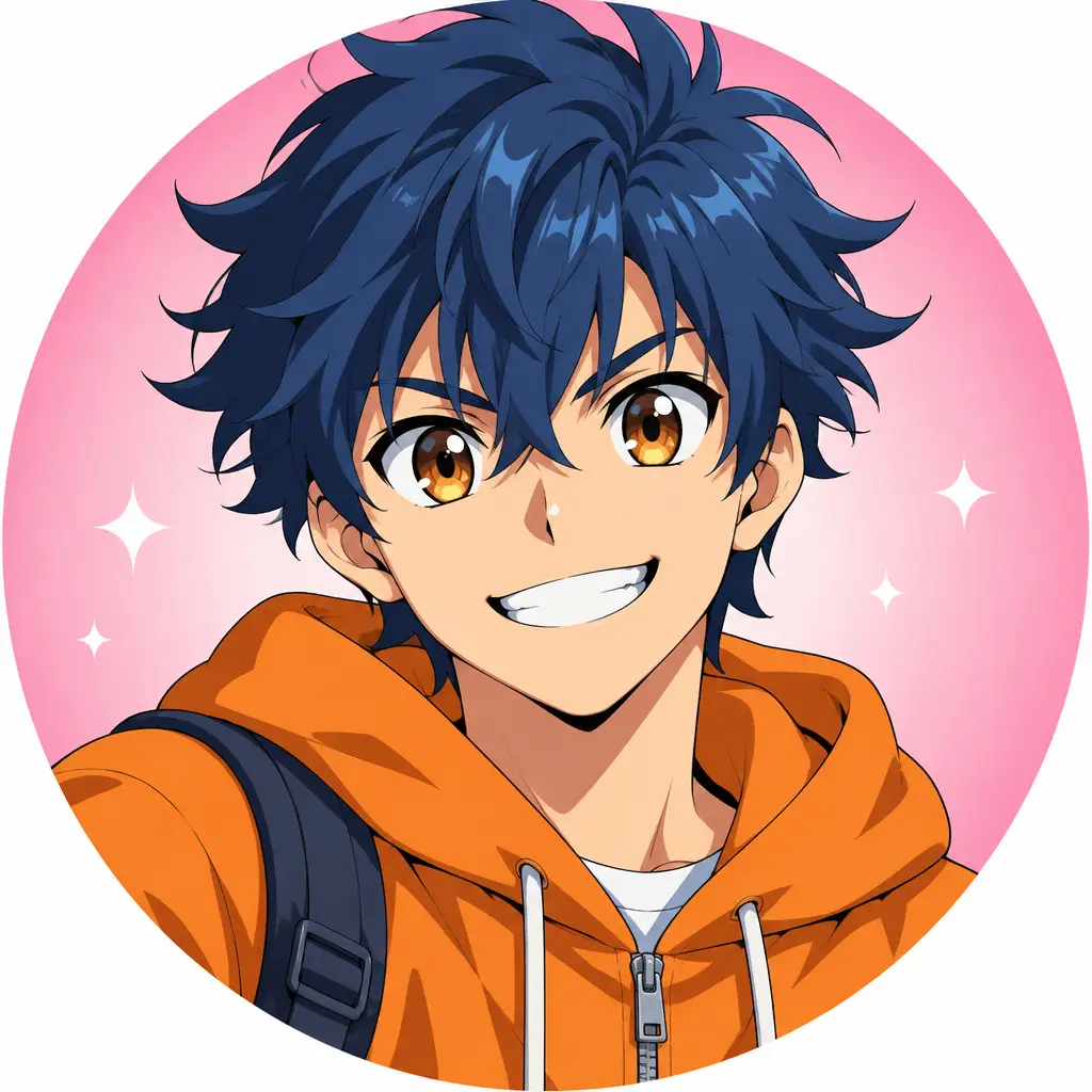 Trainer with blue hair and an orange hoodie